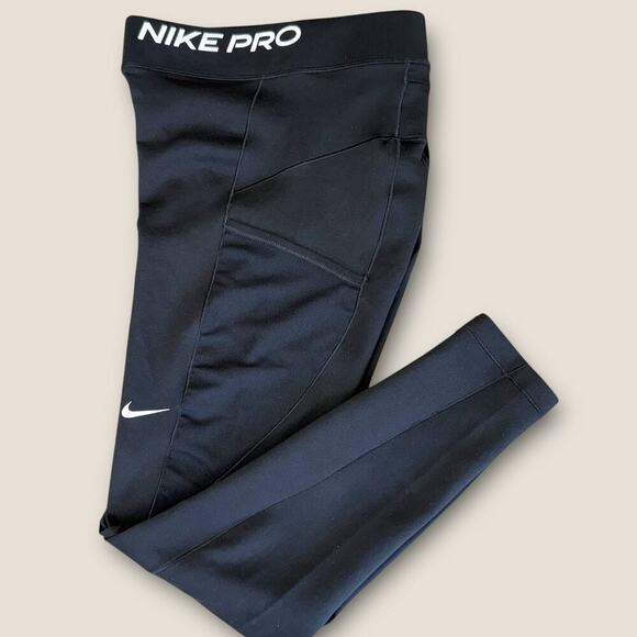 Nike Pro Womens Athletic Therma Fit Leggings Mid Rise Pockets Size M Black Gym - Picture 1 of 12